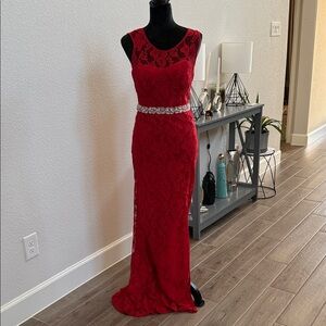 City Studio Red Lace Maxi Dress with Rhinestone Belt